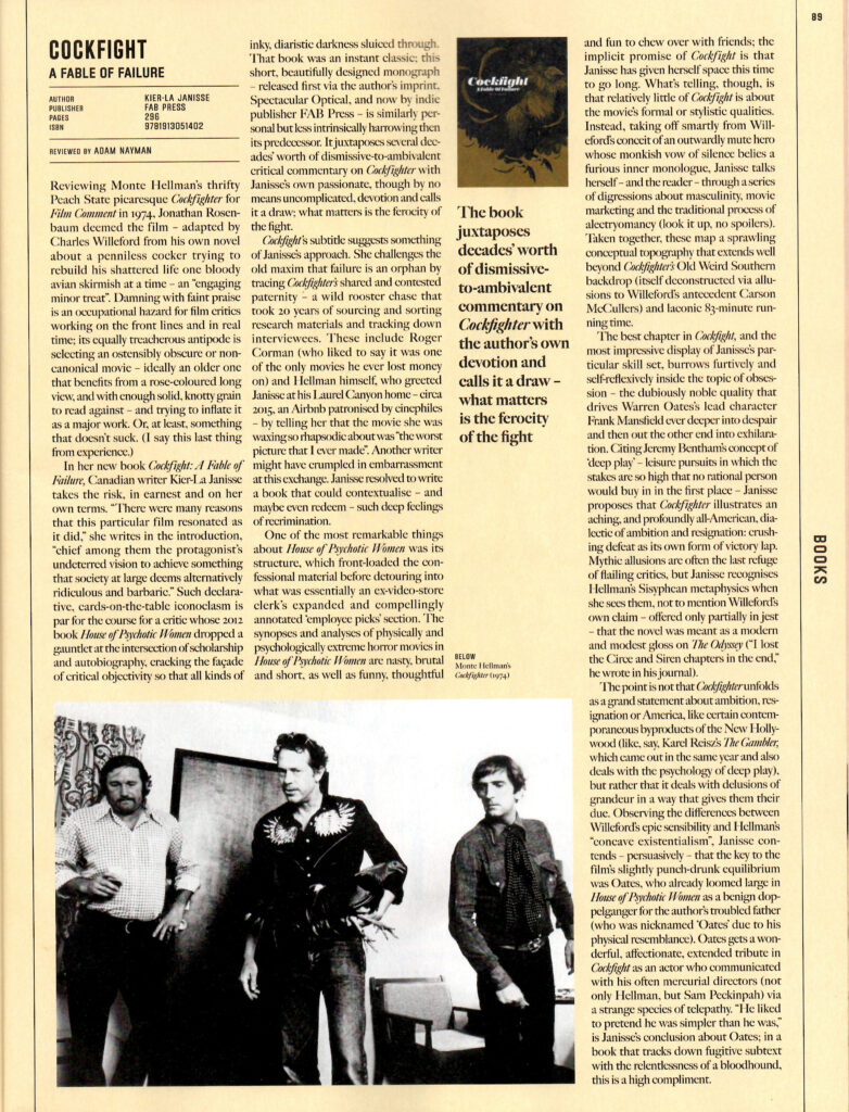 scan of page from Sight & Sound depicting review of Kier-La Janisse's book COCKFIGHT (2024)